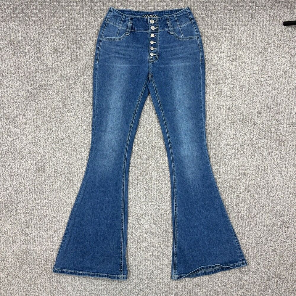 Rock and Roll Denim Jeans Womens 28 Blue High Rise Flare Button Fly Cowgirl